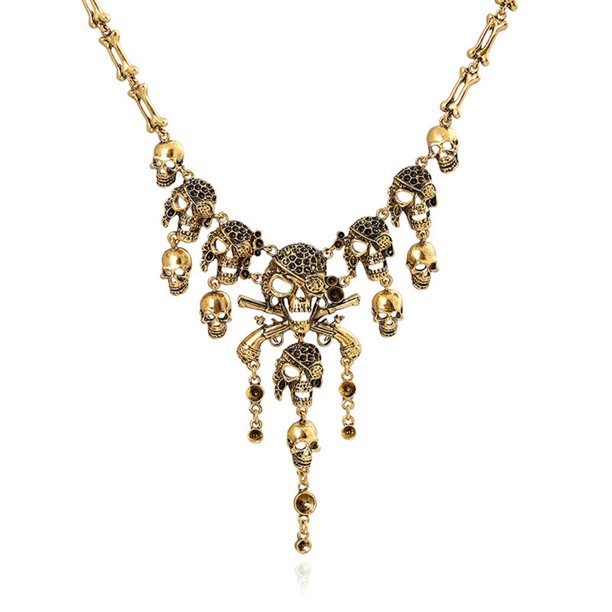 Piraten Steampunk ketting 255 met 13 (!) doodshoofdjes in gouden kleur