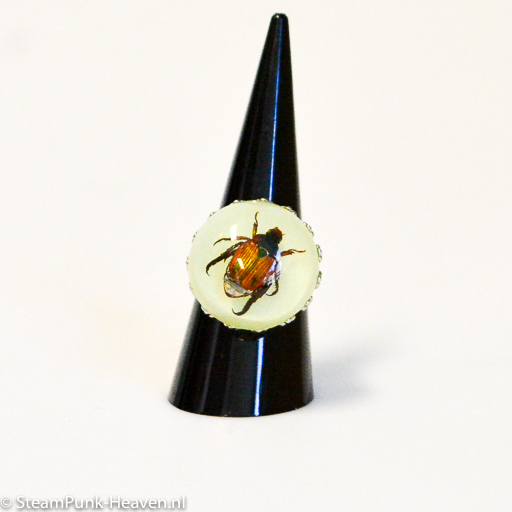 Steampunk ring 102, glow-in-the-dark met echte kever